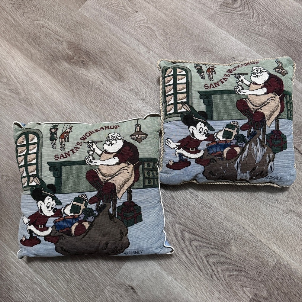 Disney Santa’s Workshop Mickey Mouse Needlepoint Christmas Pillows Set
